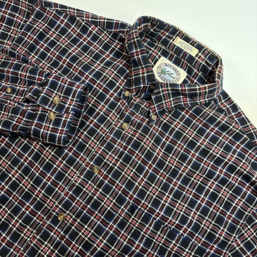Vintage 90s Bay Area Traders Black Red Plaid Flannel Shirt Size Large Chore Barn